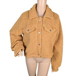 NWT Active Usa Brown Teddy Bear Snap Closure Sherpa Cropped Jacket SZ L